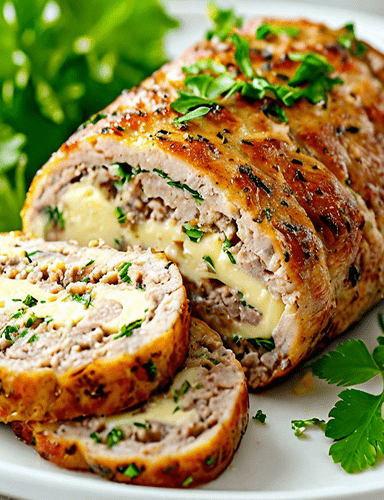 Мясной рулет с сыром и зеленью на белой тарелочке