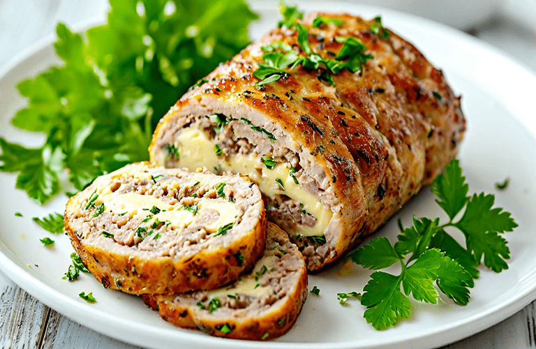 Мясной рулет с сыром и зеленью на белой тарелочке