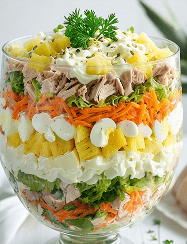 Слоёный салат с курицей и ананасами - изысканное украшение вашего стола