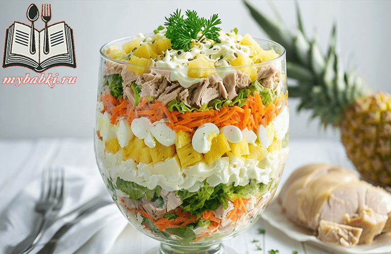 Слоёный салат с курицей и ананасами - изысканное украшение вашего стола