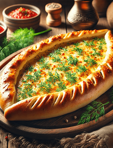 Пиде с сыром и зеленью, с румяной корочкой и свежей зеленью