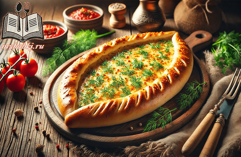 Пиде с сыром и зеленью, с румяной корочкой и свежей зеленью