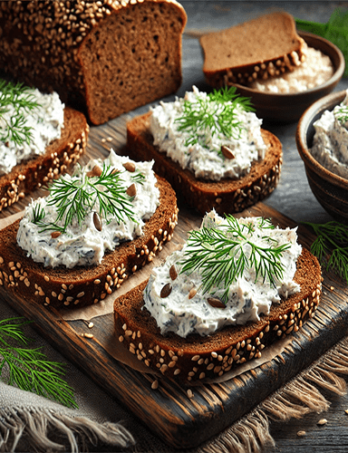 Селёдочный паштет (форшмак), поданный на ломтиках чёрного хлеба