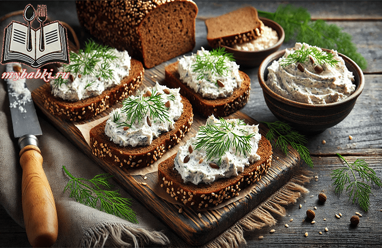 Селёдочный паштет (форшмак), поданный на ломтиках чёрного хлеба
