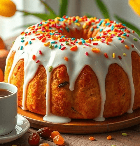 Кулич с глазурью изюмом и сухофруктами