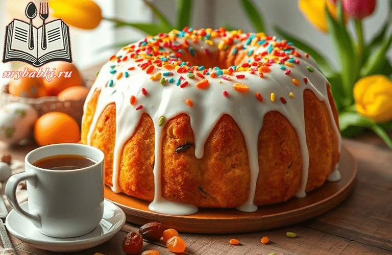 Кулич с глазурью изюмом и сухофруктами