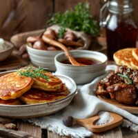 Блюда белорусской кухни: ржаной квас, драники, картошка, жареное мясо