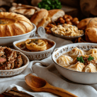 Блюда польской кухни: мясо, пельмени, журек в хлебе, пироги